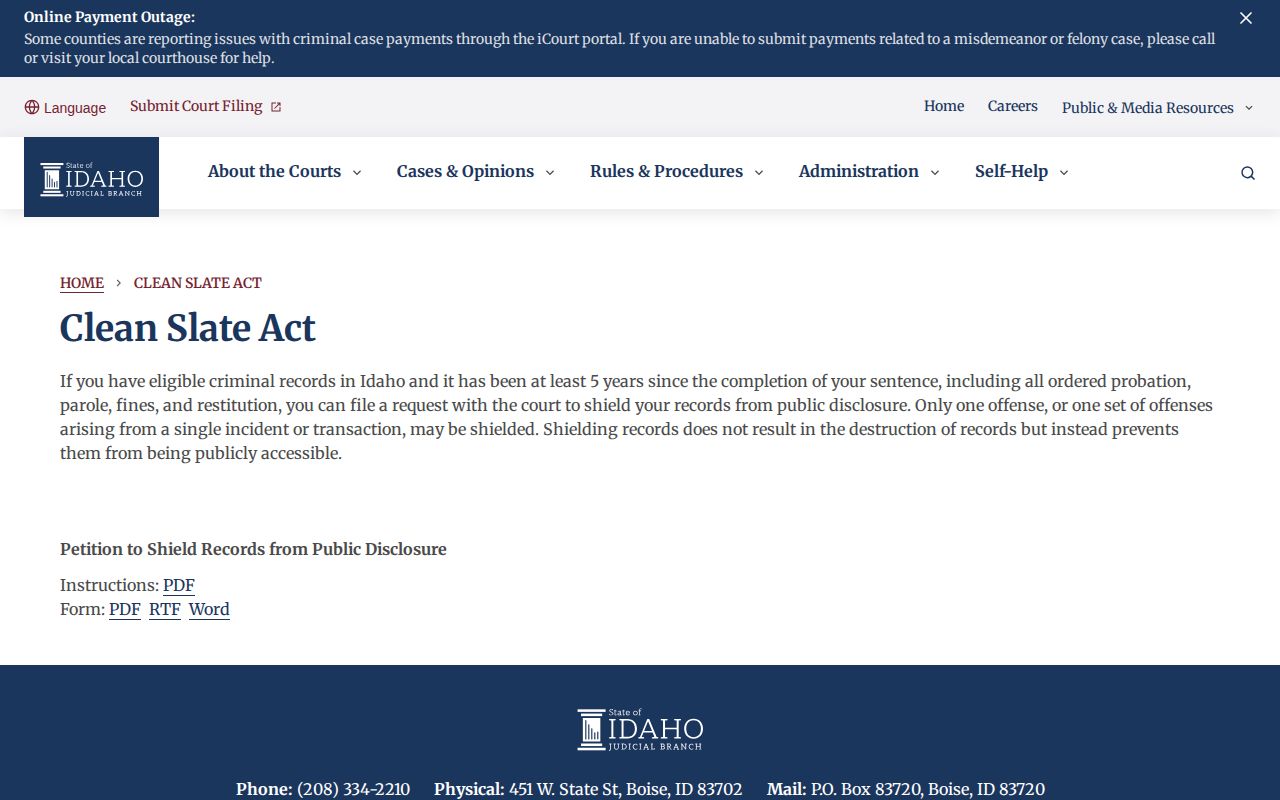Lincoln County court-record shielding reference under the Idaho Clean Slate Act