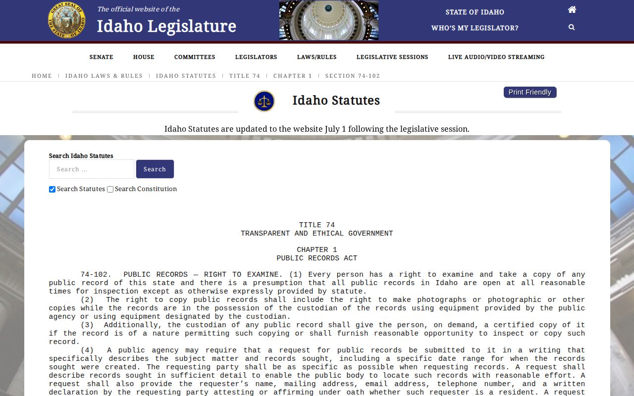 Lincoln County booking-record public access reference under Idaho Code section 74-102