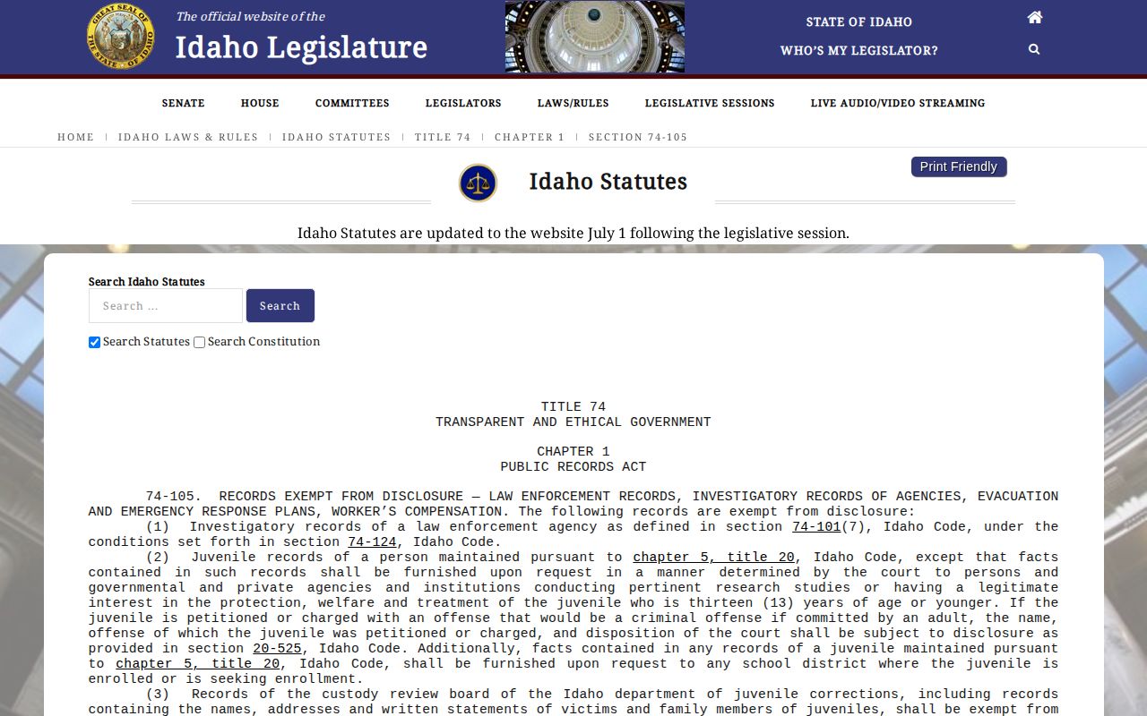 Lincoln County booking-record exemption reference under Idaho Code section 74-105