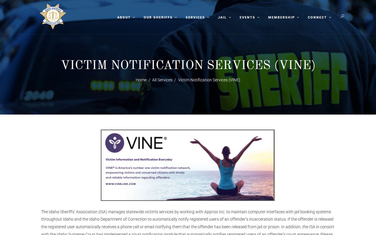 Lincoln County custody notification reference from Idaho VINE information