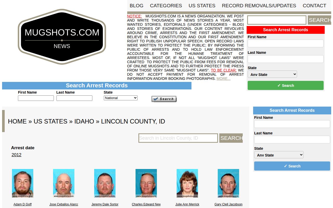Lincoln County unofficial mugshot index reference from Mugshots.com